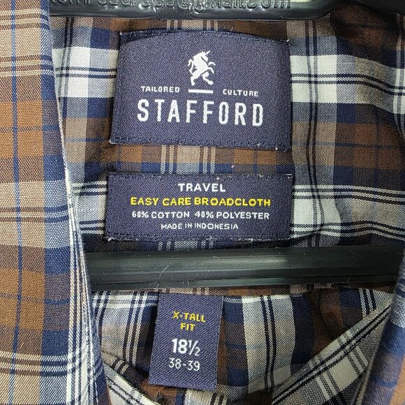Mens Stafford Brown & Blue Plaid Shirt Long Sleeve Easy Care Size X-Tall 18.5 - Picture 3 of 7